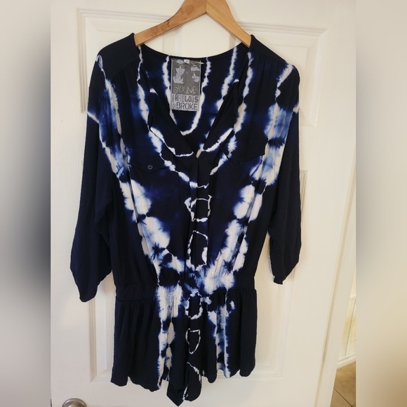 Young fabulous & Broke Romper Small Tie Dye Elastic Waist Roll Tab Sleeves Blue - Picture 2 of 12